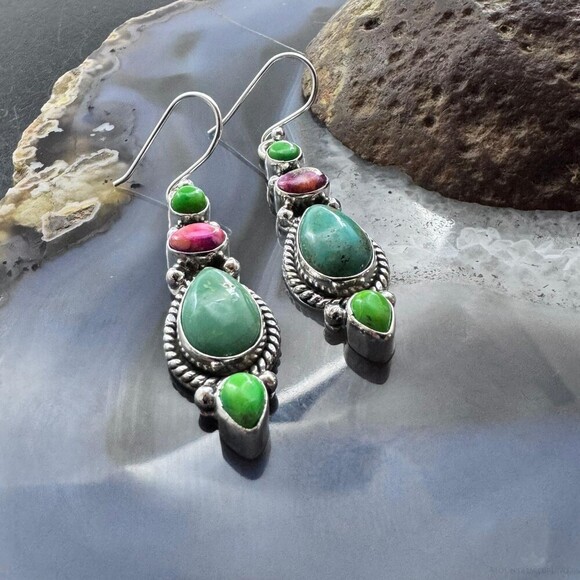 Sterling Silver Southwestern Style Multistone Dangle Earrings For Women #6 - Picture 4 of 10